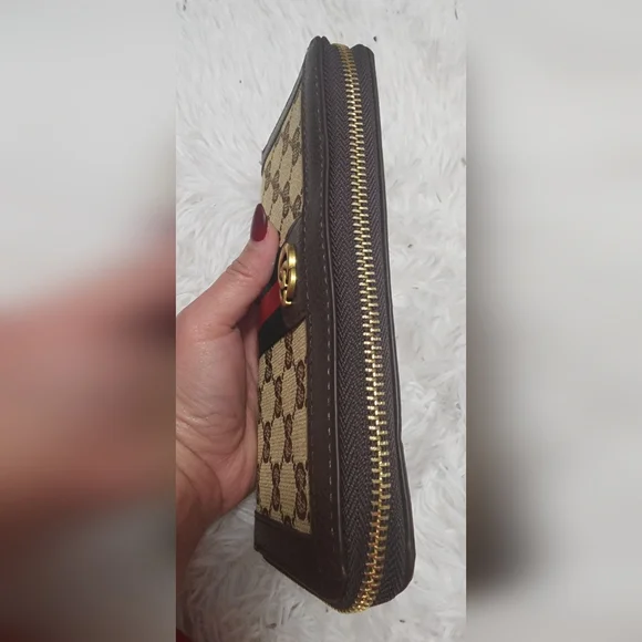 Beige and Brown zip Wallet with Red and Green Stripe - Picture 4 of 8